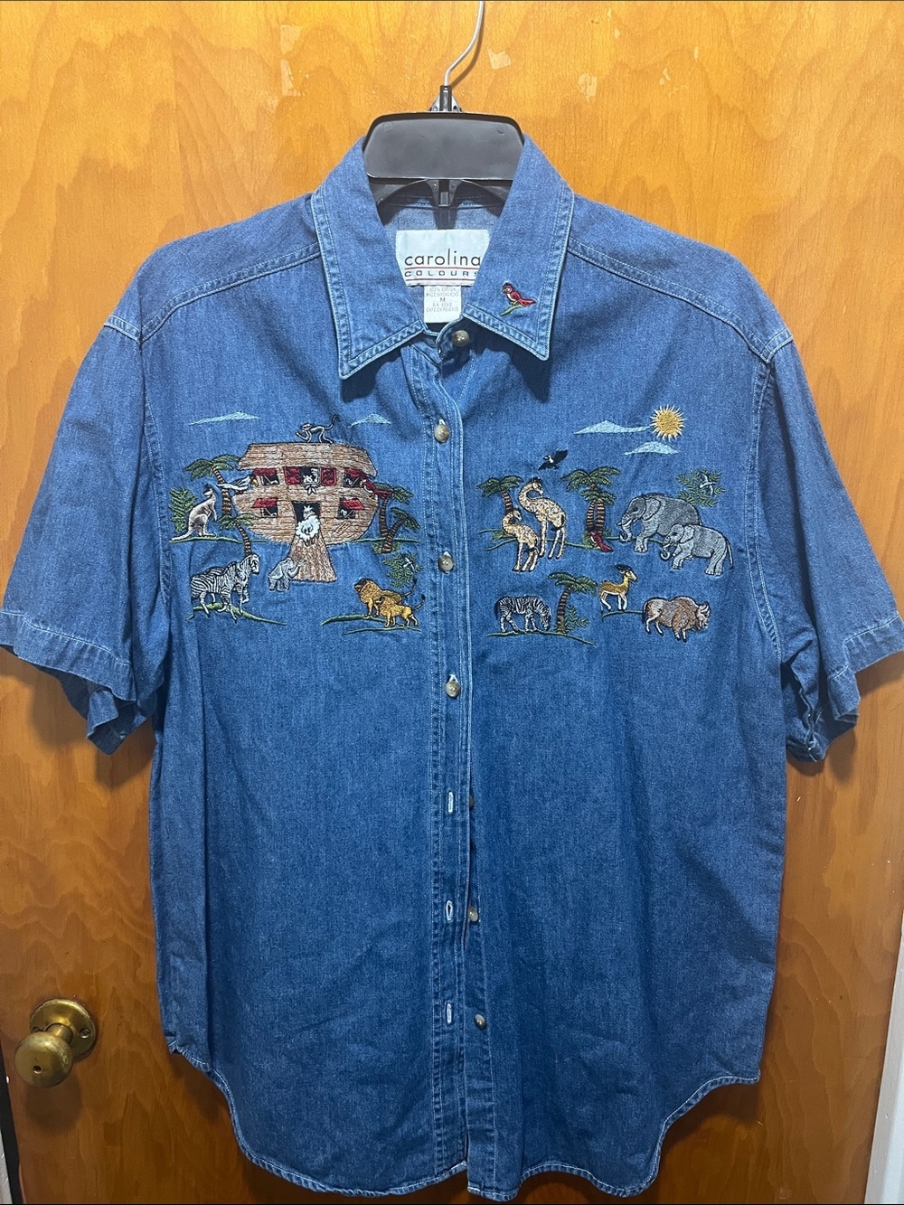 Carolina Colours Women’s Blue Denim Button-Down Shirt with Noah’s Ark Embroidery